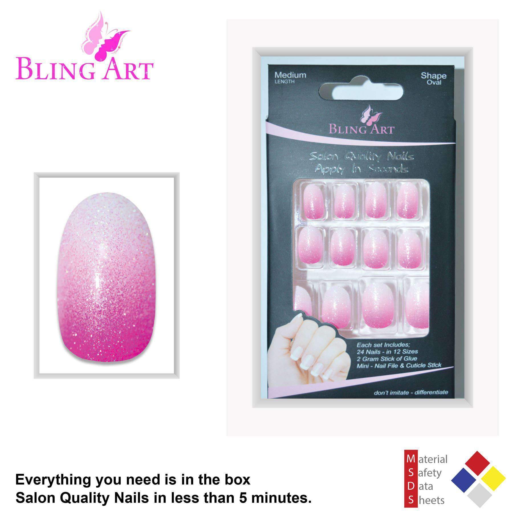 Bling Art Pink Gel Ombre Oval Medium Fake Acrylic Nails set with 24 vibrant pink nail tips, glue, nail file, and cuticle stick.